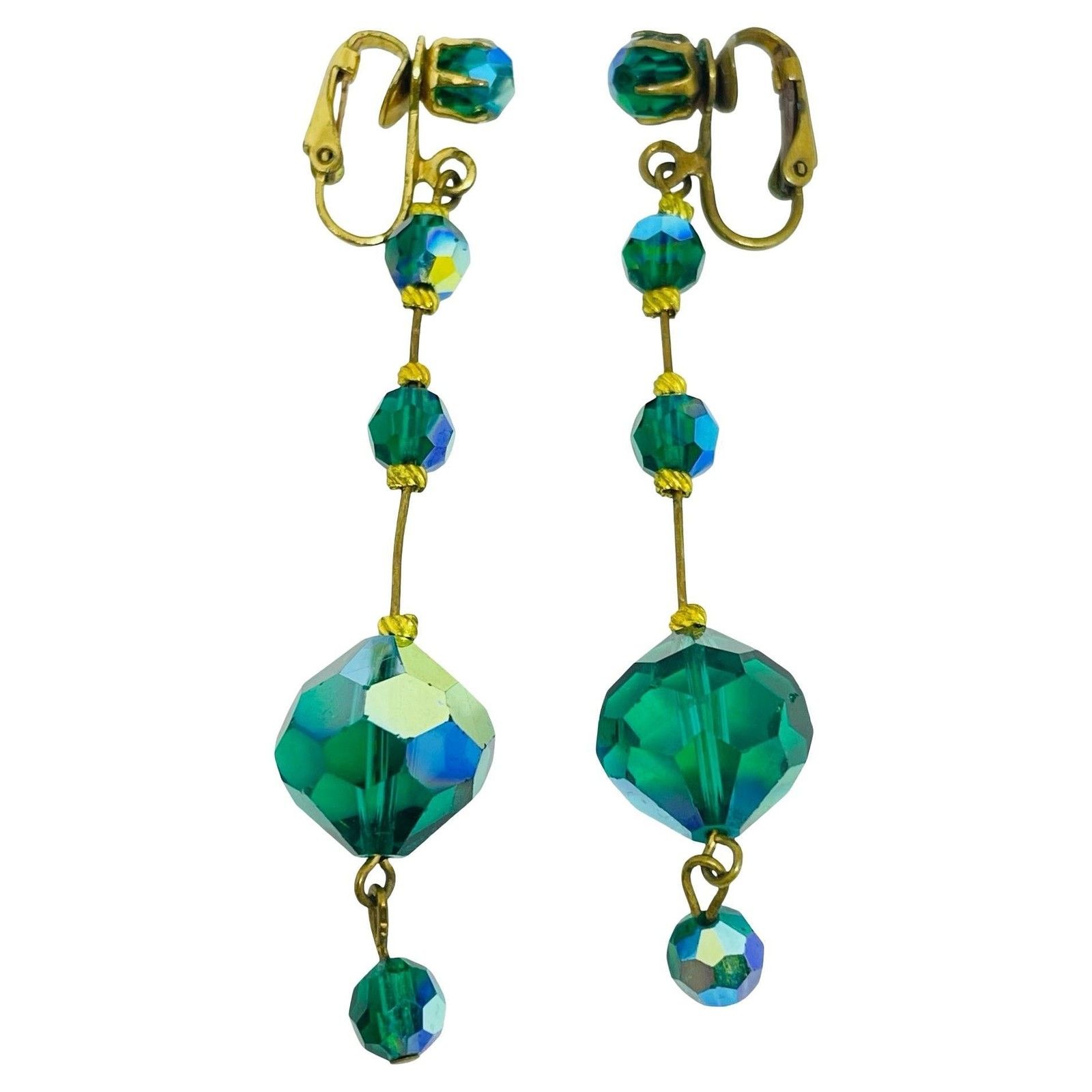 Vintage Gold Tone Dangle Green Aurora Crystals Designer Clip On Earrings